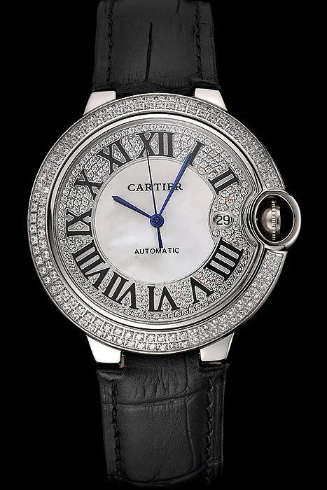 Cartier Ballon Bleu 46 MM Diamond Dial Diamond Case Black Leather Bracelet new124512