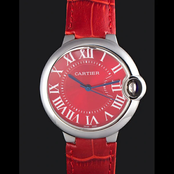 Cartier Ballon Bleu Silver Bezel with Red Dial and Red Leather Band new59646