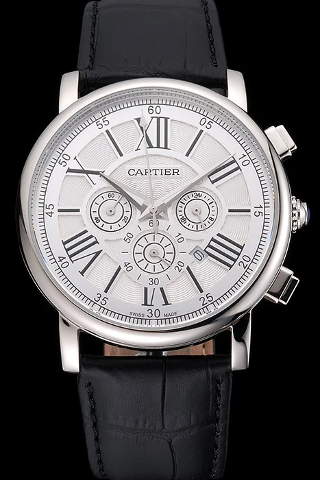 Cartier Rotonde Chronograph White Dial Stainless Steel Case Black Leather Strap new121359
