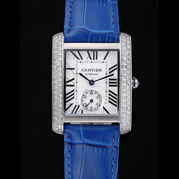 Cartier Tank MC Stainless Steel Diamond Case White Dial Blue Leather Strap new60070