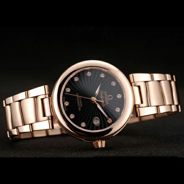 Omega DeVille Ladymatic Rose Gold Stainless Steel Strap Black Dial new58895