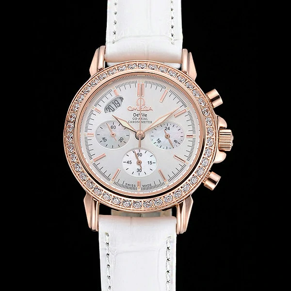 Omega Speedmaster Chronograph White Dial Gold Diamond Case White Leather Bracelet new60348