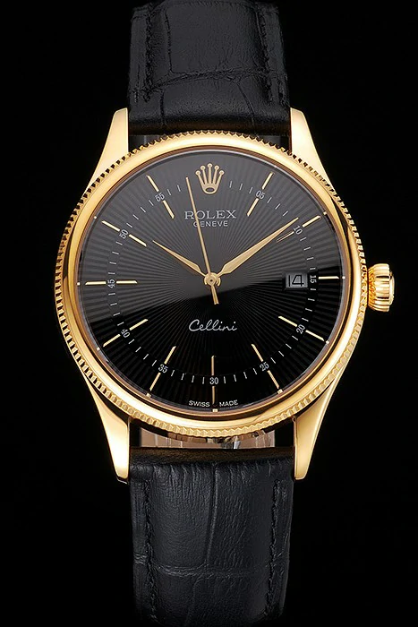 Rolex Cellini Date Black Dial Gold Case Black Leather Strap new121603