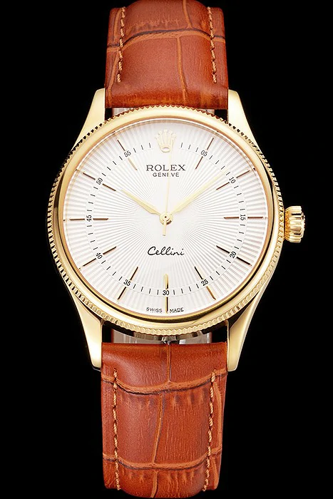 Rolex Cellini White Guilloche Dial Gold Case Light Brown Leather Strap new121617