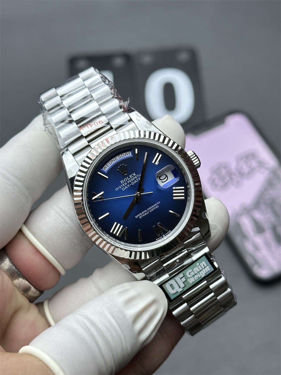 Rolex Day-Date 36 White Gold Replica (QF Factory) – 158g Tungsten Blue Ombré