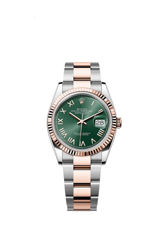 Rolex Replica Watch Datejust 36, Oystersteel and 18k Everose Gold, Mint green sunray Roman dial, Fluted Oyster, 126231-0052