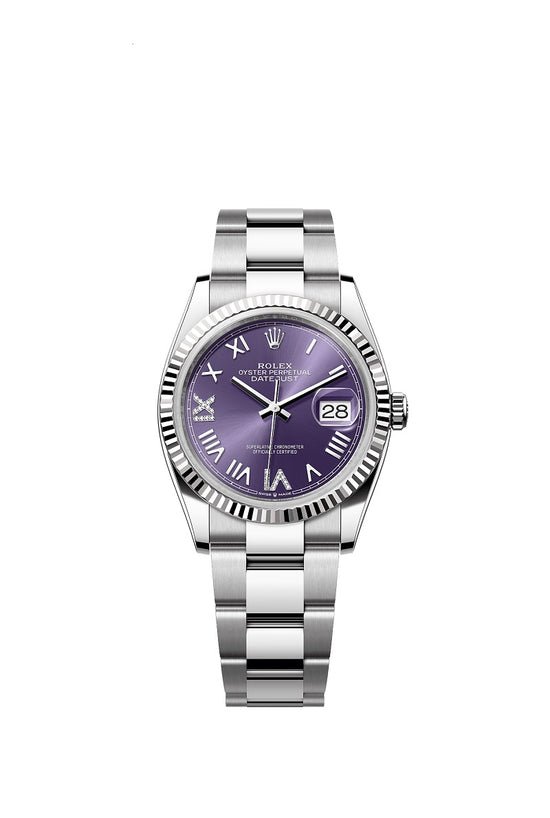 Rolex Replica Watch Datejust 36, Oystersteel and 18k White Gold, Aubergine set with diamonds dial, Fluted Oyster, 126234-0064