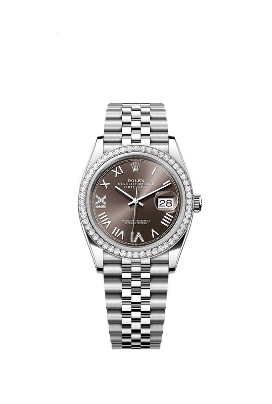 Rolex Replica Watch Datejust 36, Oystersteel and 18k White Gold, Dark grey set with diamonds dial, Diamond-set bezel Jubilee, 126284rbr-0063