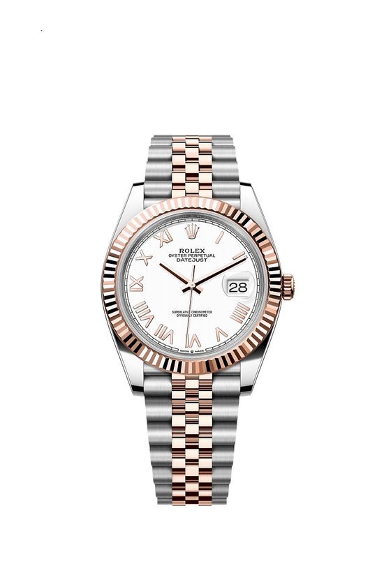 Rolex Replica Watch Datejust 41, Oystersteel and 18k Everose Gold, Intense White Roman dial, Fluted Jubilee, 126331-0026